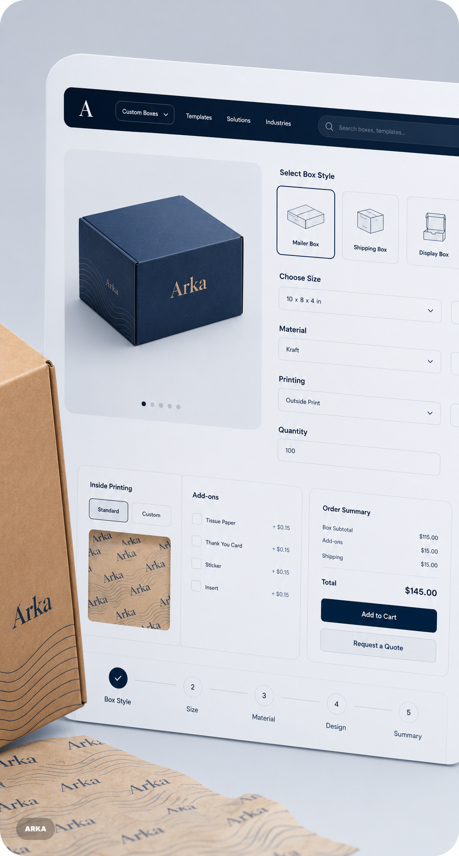 Візуальне прев’ю B2B-платформи Arka для кастомізації та замовлення пакування.